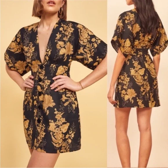 NWOT Reformation Ty Plunge V‎ Neck Kimono Sleeve Floral Linen Mini - Size 2 - Picture 3 of 11